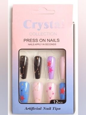 12 Piece Mixed Design Coffin Press-On Nails- Stars Design